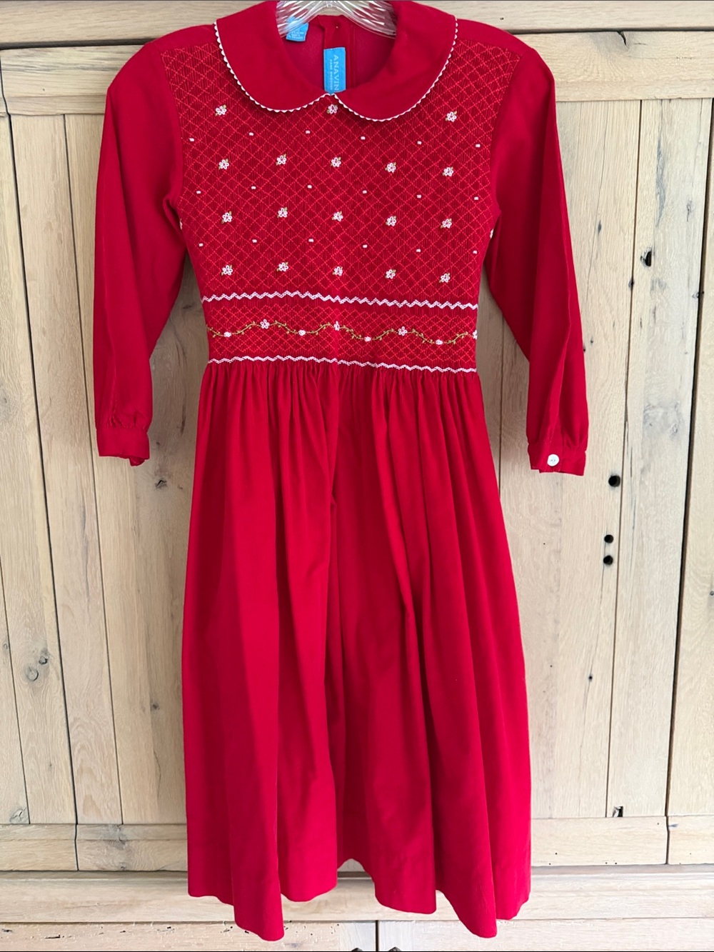 Anavini Hand Smocked Girls Red Long-Sleeve Dress